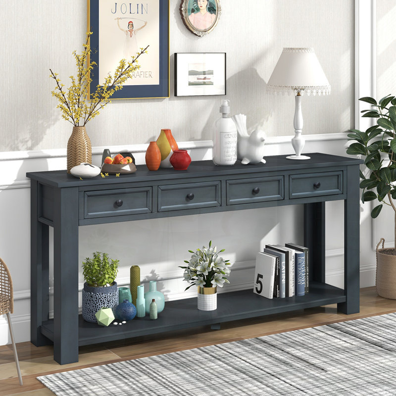 Console avec tiroirs de rangement et tablette inférieure pour le couloir d'entrée, parfaite pour organiser et exposer, Marine