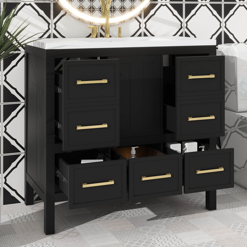 Meuble-lavabo de salle de bain 36 po 36 po de style autonome avec 5 tiroirs et portes à fermeture en douceur, Noir