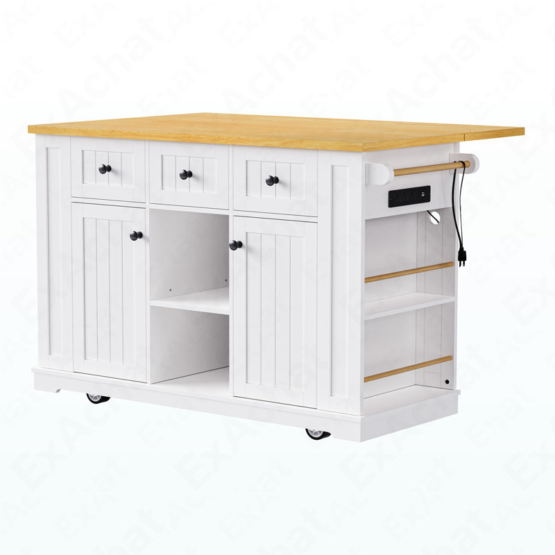 53Inch Large Kitchen Island With 2 Bar Stools, Power Outlet,Door Internal Storage Rack, Kitchen Storage Cart On 5 Wheels With Drop Leaf, 5 Open Side Racks, 3 Drawers,White