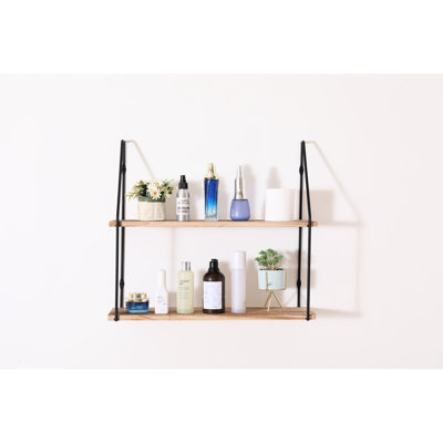 Tablette flottante en bois naturel avec supports en métal - 2 niveaux, polyvalente pour la décoration intérieure, petites plantes