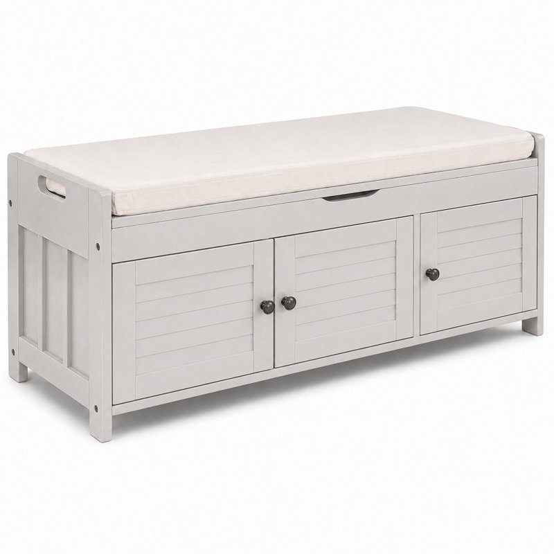 Linen Blend Upholstered Storage Bench, Gray Wash