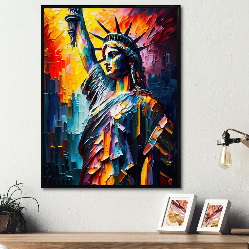 Statue colorée de la liberté II - art mural ville, H 32 po x l 24 po x P 1 po, Cadre flottant noir
