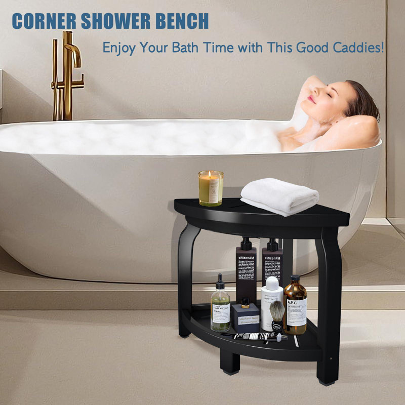 Bamboo Corner Shower Stool For Shaving Legs Foot Rest, Waterproof Bath Bench Seat With Storage Shelf For Bathroom Inside Shower, Hold Up To 450Lbs