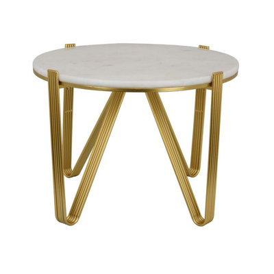 Glam Plant Stand Table, White Marble, Gold Metal Texture Legs by Benjara
