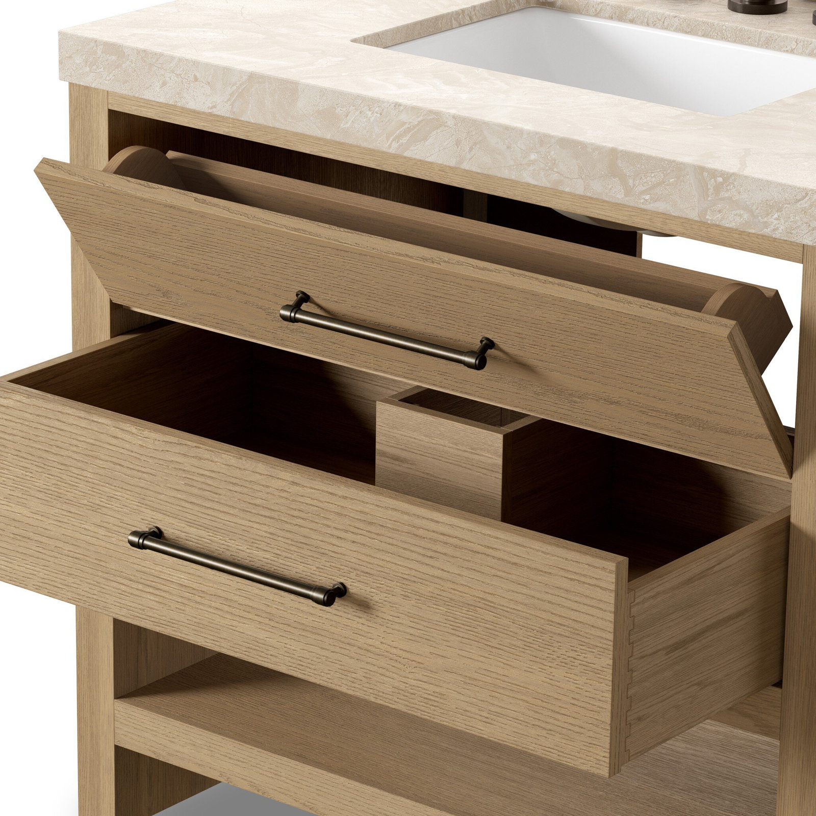 Mattia Single Bathroom Vanity, Satin Light Wash Oak, Sand Marble