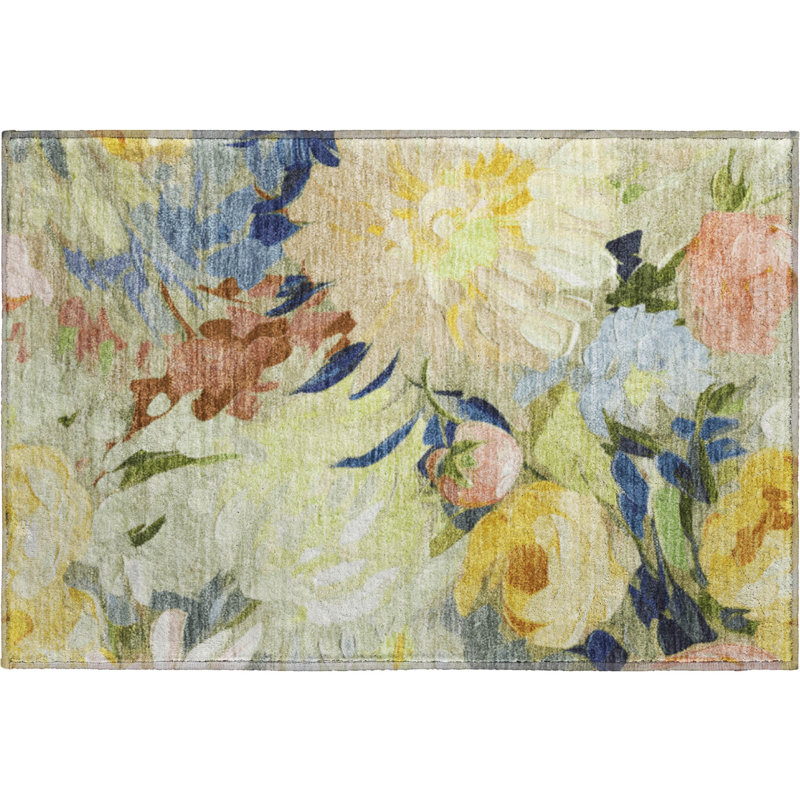 Premium Machine Washable Mayfield AMF2264 Floral Rug, 1'8" x 2'6", Aloe