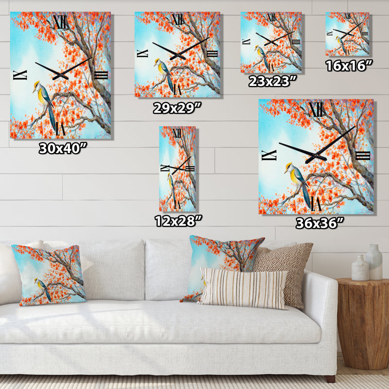 Bel oiseau orange sur une branche en fleurs - Horloge murale traditionnelle, Très grand