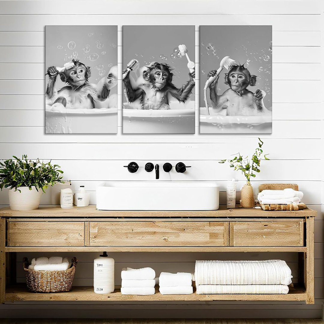 3 Piece Bathroom Canvas Wall Art Funny Monkey in Bathtub Picture Black and White Painting Animal Print for Kids Toilet Wall Decor Framed(Art-1,12.00"x