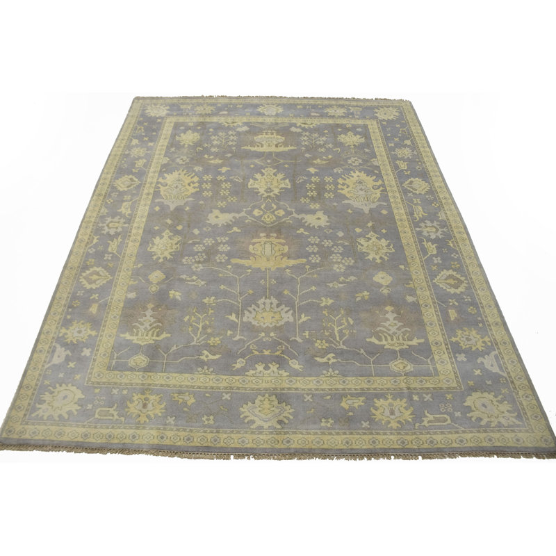 Tapis gris en laine fait à la main à motif floral Desrosiers
