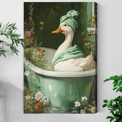 1pc Framed Canvas Wall Art Prints Poster, Funny Duck Bathroom Cute Duck in Bathtub Painting with Floral Water Art Posters Canvas Print Painting for Living Room Bedroom Office Bathroom Dorm Home Decor, Ready To Hang