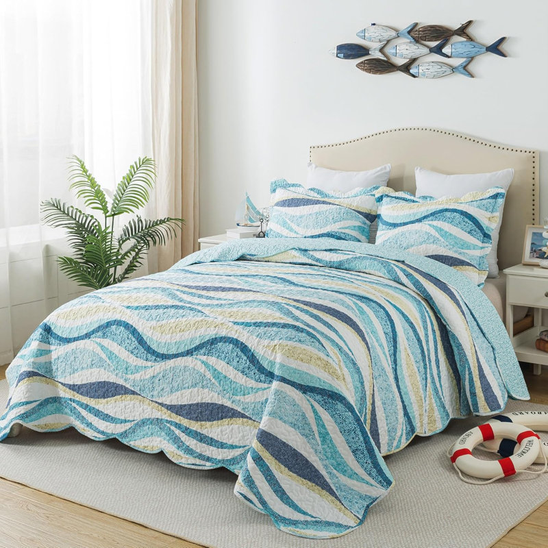 HoneiLife King Size 3‑Piece Blue Sparkle Sand Pattern Quilt Bedding Set, Soft Blended‑Fabric Coverlet with Matching Pillow Shams, Blue
