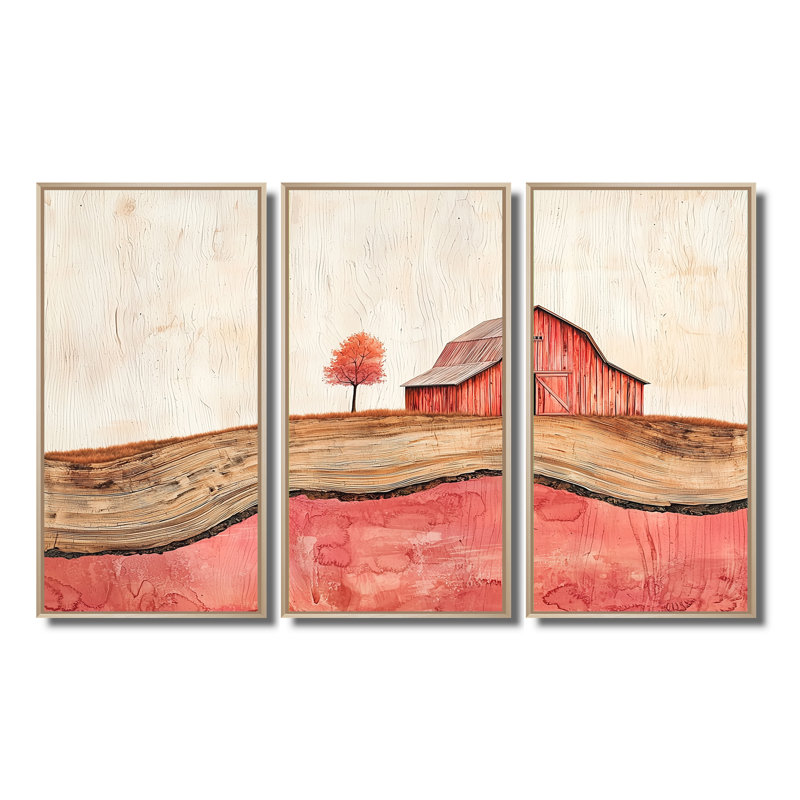«Autumn Farm On A Wooden Slide Landscape II», art mural encadré de grange - 3 panneaux, Érable, H 28 po x l 36 po