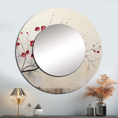 Minimaliste grenat Grace Leafy Dreamscape - grand miroir mural feuilles, miroir rond traditionnel traditionnel, impression d'art en métal