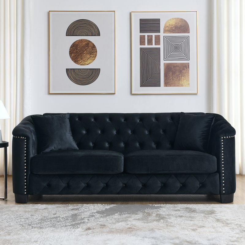  Canapé Chesterfield 77 po 77 po, élégant canapé 3 places avec garniture cloutée et accoudoirs roulés pour le salon, noir