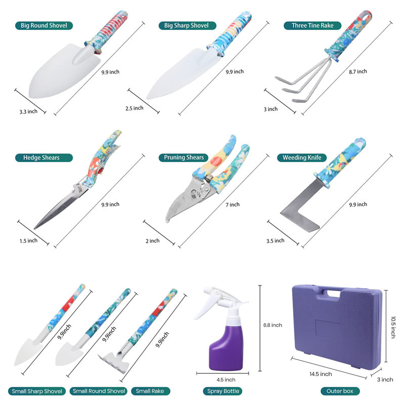 Ensemble d'outils de jardinage en acier inoxydable 30 pièces avec poignées à imprimé floral, ensemble de jardinage tout-en-un avec truelle, râteau, sécateur, pulvérisateur, gants et étui de rangement, ensemble de jardinage idéal pour les femmes