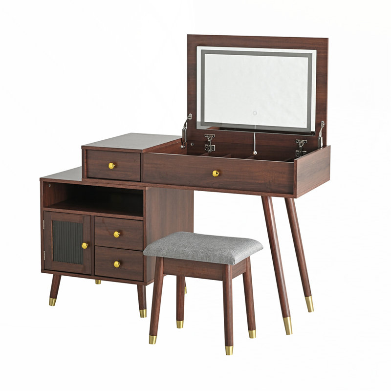 Coiffeuse 3 en 1 avec tabouret, Noyer