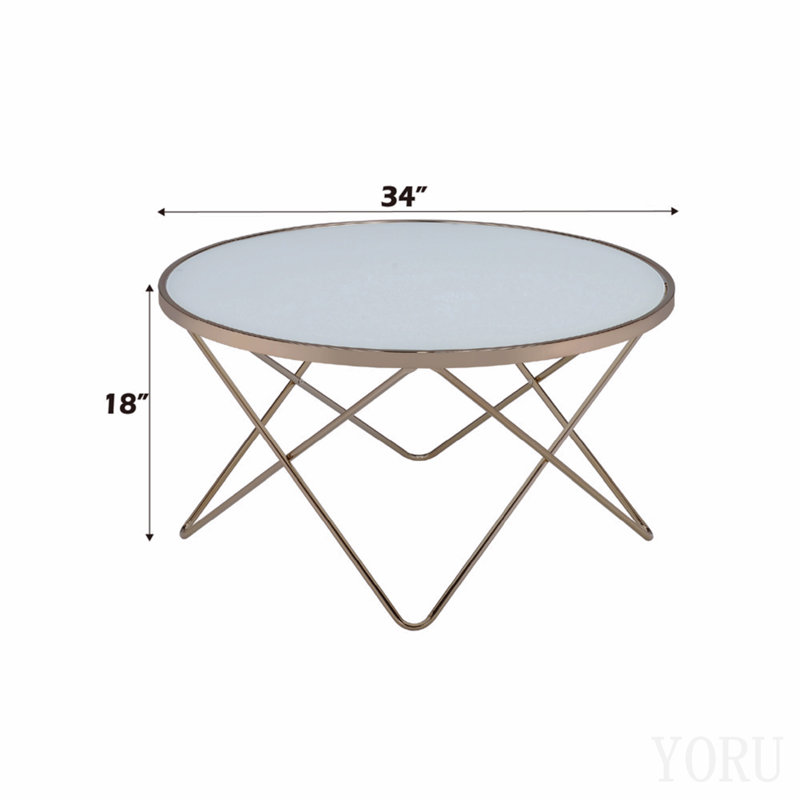 Table basse ronde champagne avec verre dépoli, H 18 po x l 34 po x P 34 po, Champagne