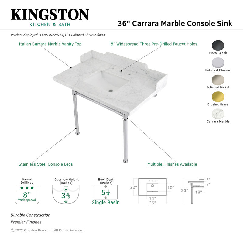 Kingston Brass Wesselman 36-Inch Carrara Marble Console Sink with Stainless Steel Legs (8-Inch, 3-Hole), White/Silver