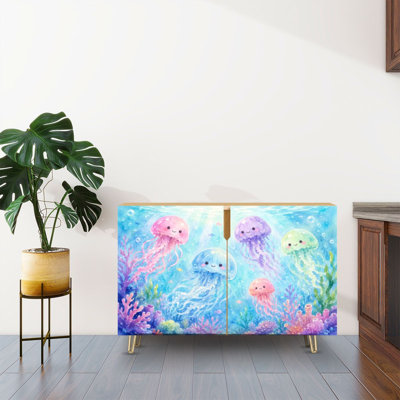 Sideboard Buffet Cabinet with Storage Cute Pastel Jellyfish Underwater Smiling Sea Creatures Dreamy Ocean with 2 Doors for Living Room and Kitchen