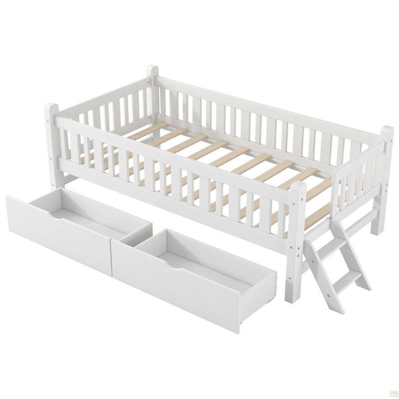 Lit plateforme simple en bois avec garde-corps et 2 tiroirs, blanc