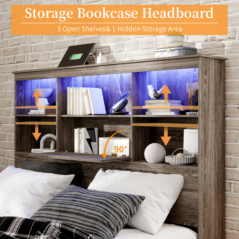 Nykolas King Size Bed Frame With Led Bookcase Headboard, Wooden Storage Bed With Charging Station & 4 Drawers, No Box Spring Needed/noise-free