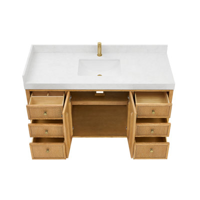 Thea 60" Single Sink Bath Vanity in Fir Wood Brown with White Grain Composite Stone Top