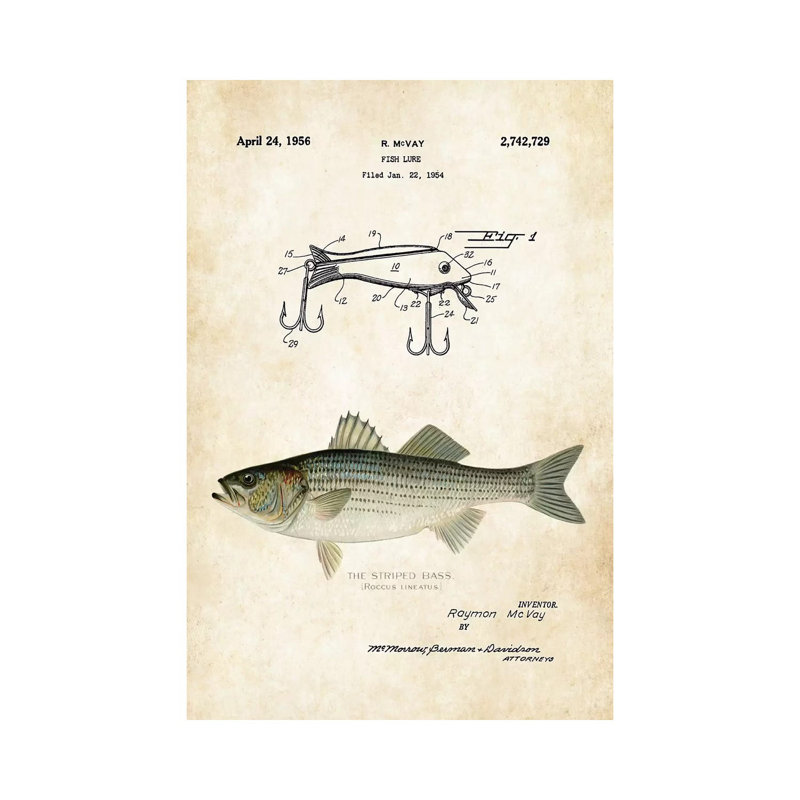 «Striped Bass Fishing Lure» par brevet77 - reproduction de dessin sur toile tendue, H 12 po x l 8 po x P 0,75 po