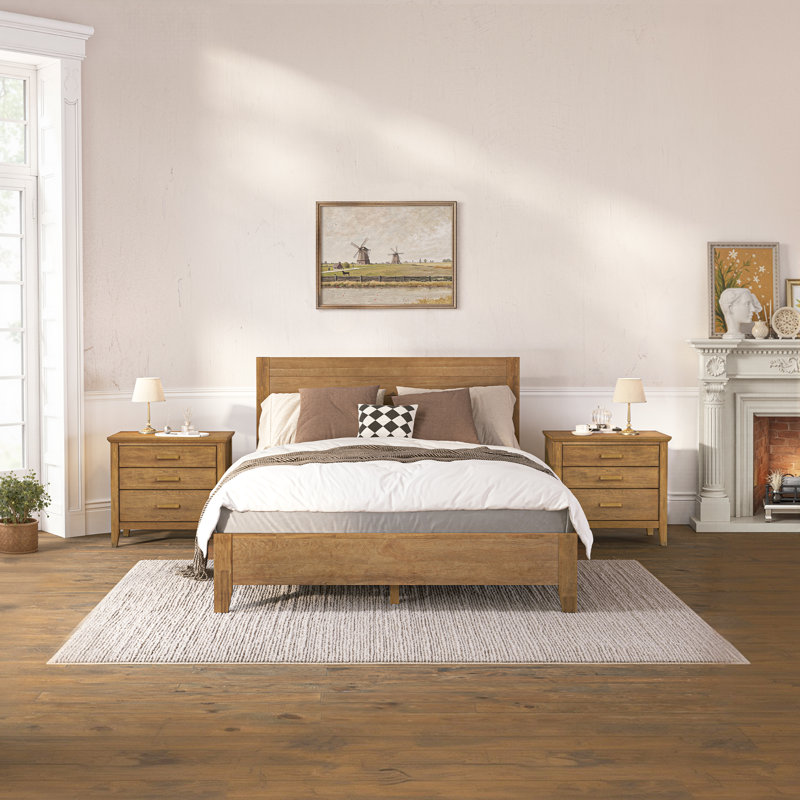 Ensemble de chambre à coucher 3 pièces avec lit et deux tables de chevet Lessio, Bois foncé, Grand