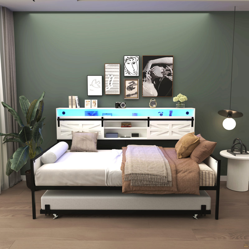 Twin Daybed With Trundle, Farmhouse Daybed Frame With Sliding Barn Door Headboard And Charging Station & LED Light