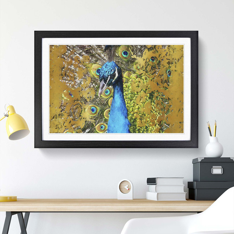 Dazzling Peacock Bird in Abstract - Picture Frame Painting Print, 48cm H x 65cm W x 2cm D, Black Framed