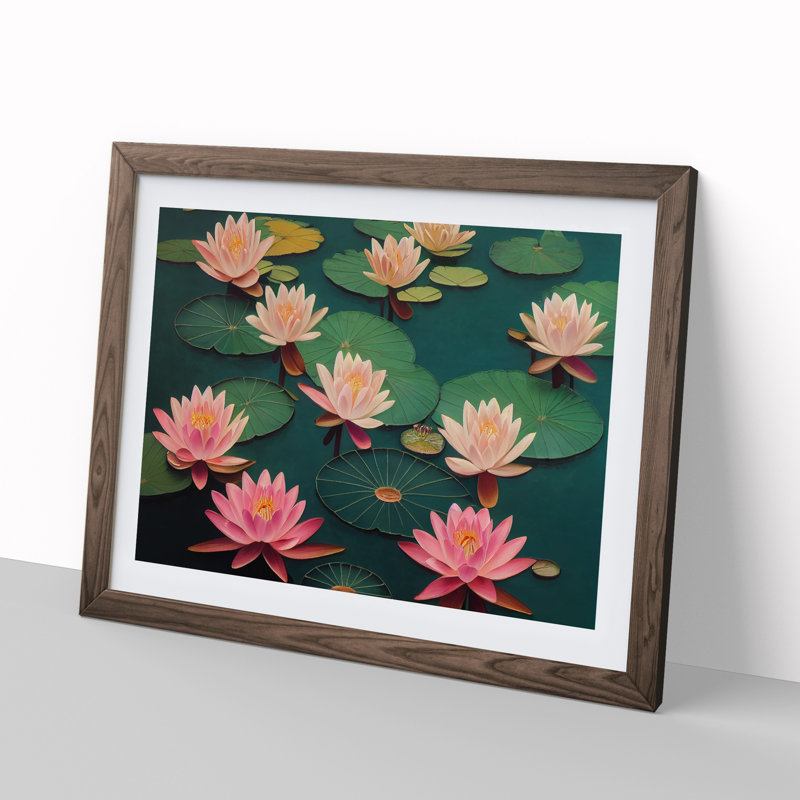 Inspirational Water Lily Pond - Single Picture Frame Print, 46cm H x 64cm W x 2cm D, Walnut
