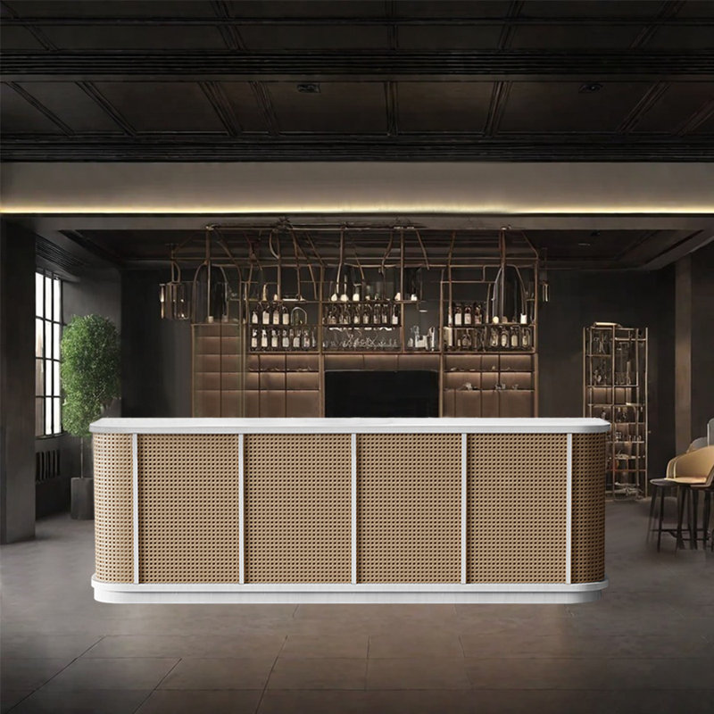 110.23-Inch Vintage Bar Counter Front Desk with Single Countertop, Wine Storage, and Lockable Drawers, White