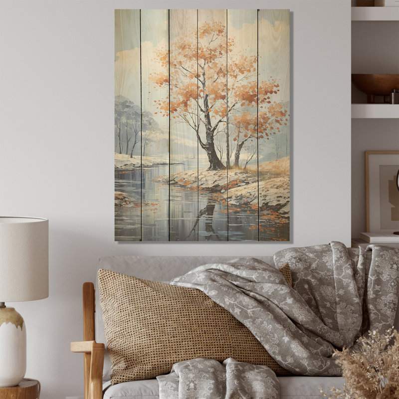 Arbre d'érable sur bois de pin naturel aux tons de bleu doux, H 20 po x l 10 po