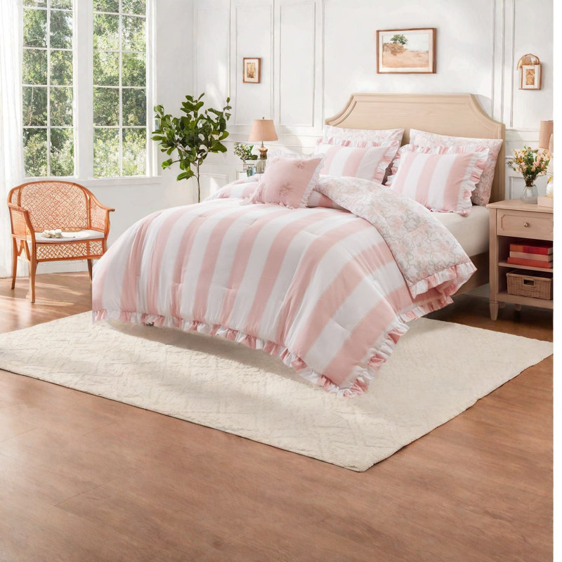 Ensemble de literie pour grand lit double rose, ensemble de chambre à coucher en microfibre à volants