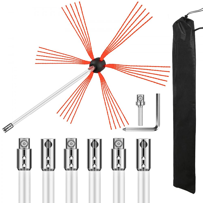 Chimney Sweep Kit, Chimney Brush Kit with 6 Nylon Flexible Rods, Rotary Chimney Cleaning Kit Driven by Drill, Chimney Cleaning Tool Kits for Sweeping Fireplace Flue
