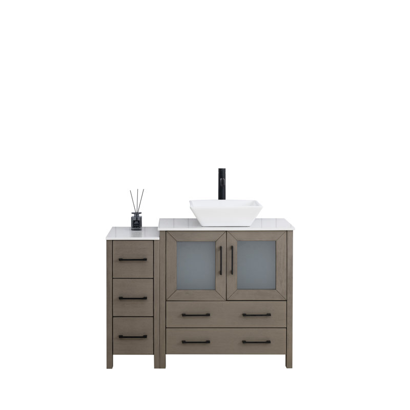Ensemble de meuble-lavabo sur pied simple 42 po avec dessus en marbre et miroir assortis Ravenna, Bois flottant gris
