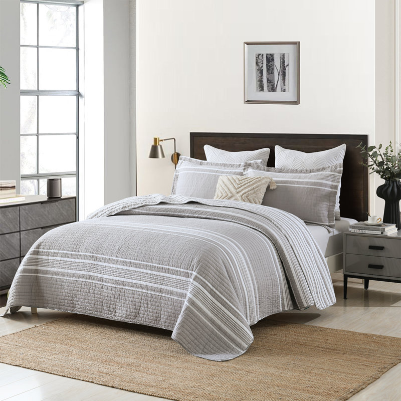 Ensemble de courtepointe 100% coton DUHOONG, Courtepointe pour lit grand + deux taies décorati, Gris / Blanc