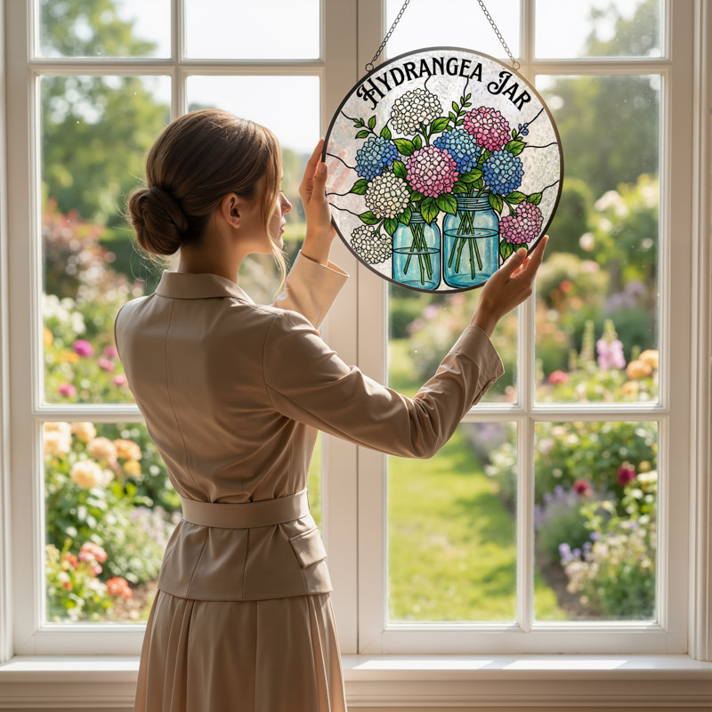 12"H Hydrangea Jar Stained Glass Window Panel, 12" H x 12" W