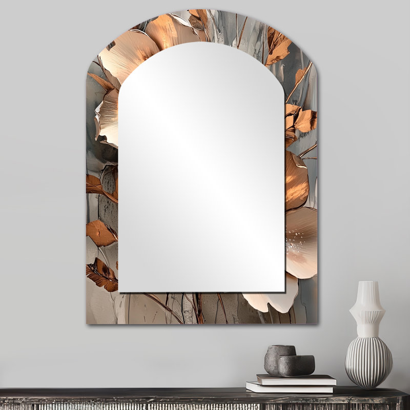 Metallic Copper And Chrome Abstract Flowers I - Flowers Unique Shape Decorative Mirror, Modern Freeform Large Wall Mirror, Printed Metal Art