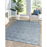 Blue Hand-Knotted Wool Lattice Diamond Geometric Modern Contemporary Carpet Rug