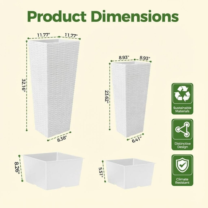 Tall Planters Set of 2, Large Indoor Outdoor Front Porch Planter, Inner Pot & Drainage Holes, Decorative Planter with Rattan Texture for Flowers, Patio, Backyard, Garden, Home