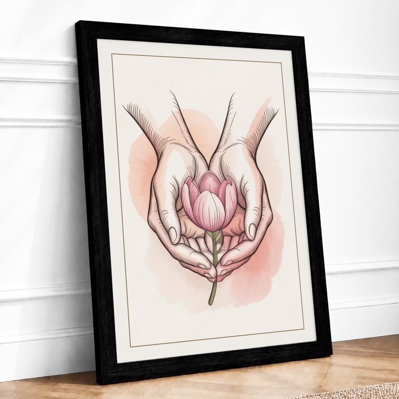 Hands Cradling Lotus Botanical - Framed Print, A2 - 59.4 x 42.0 cm, Black