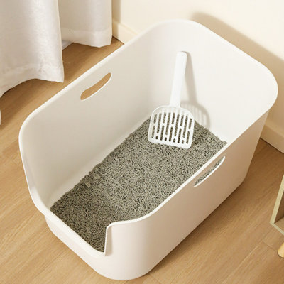 Litière pour chat à toit ouvert avec poignées de transport, option très grande ou à côtés hauts, PP non toxique, facile à nettoyer, conception minimaliste (très grande)