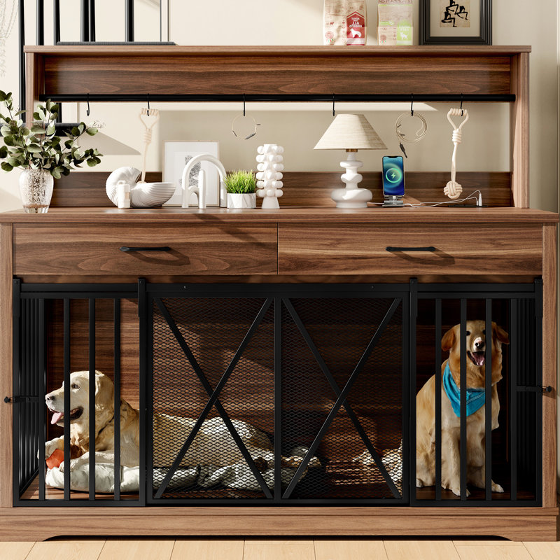 Cage robuste pour chien très grand ou deux chiens de taille moyenne, conception multifonctionnelle comme table d'appoint, portes de grange coulissantes rétro, cage à double couche brune avec verrous de séparation, peut être transformée