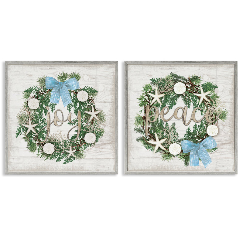 Ensemble de 2 giclées encadrées Coastal Peace & Joy Wreaths, design par Jennifer Pugh, H 17 po x l 34 po