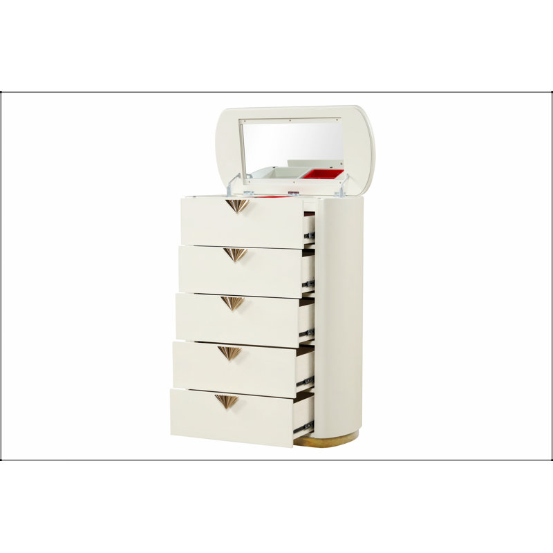 Commode 5 tiroirs La Pierre avec miroir à plateau ouvert, détails dorés et rangement spacieux pour les chambres élégantes