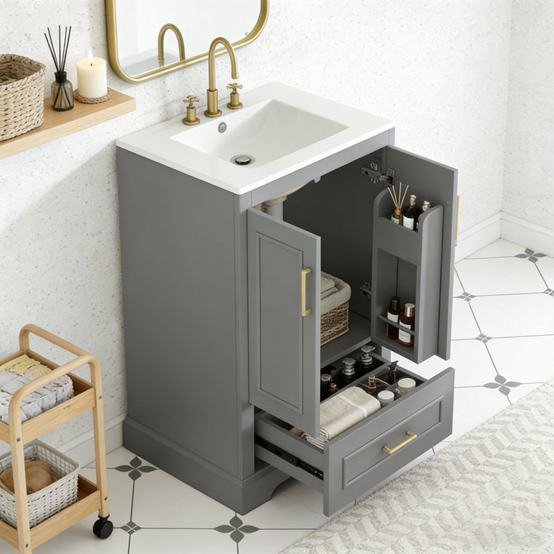 Meuble-lavabo de salle de bain avec lavabo, panneau de fibres à densité moyenne et structure en bois massif, 24 po + gris