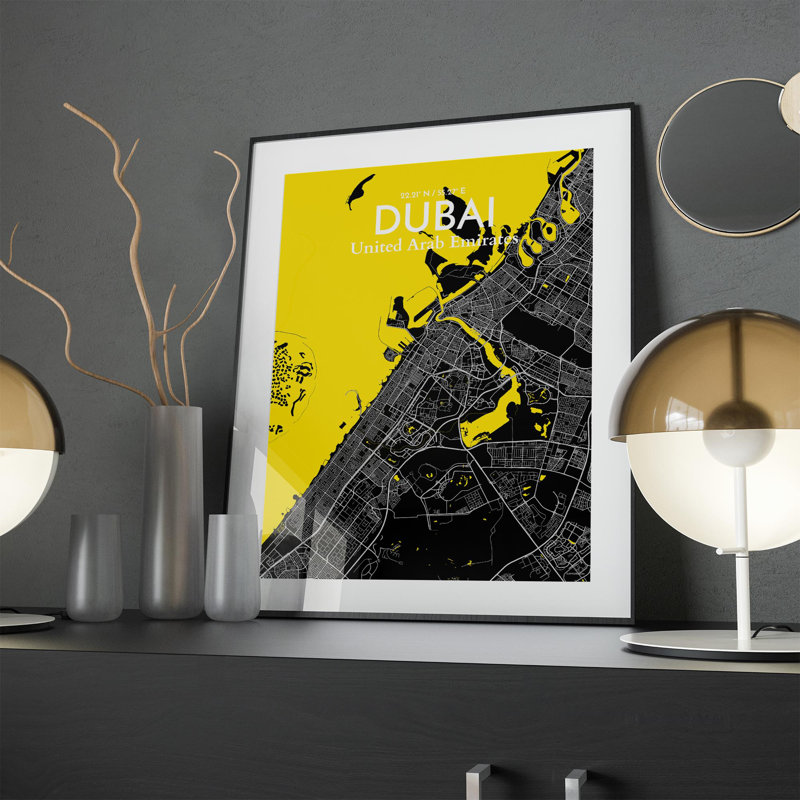 Carte de la ville de Dubaï, impression de luxe, H 24 po x l 18 po, Noir / Jaune