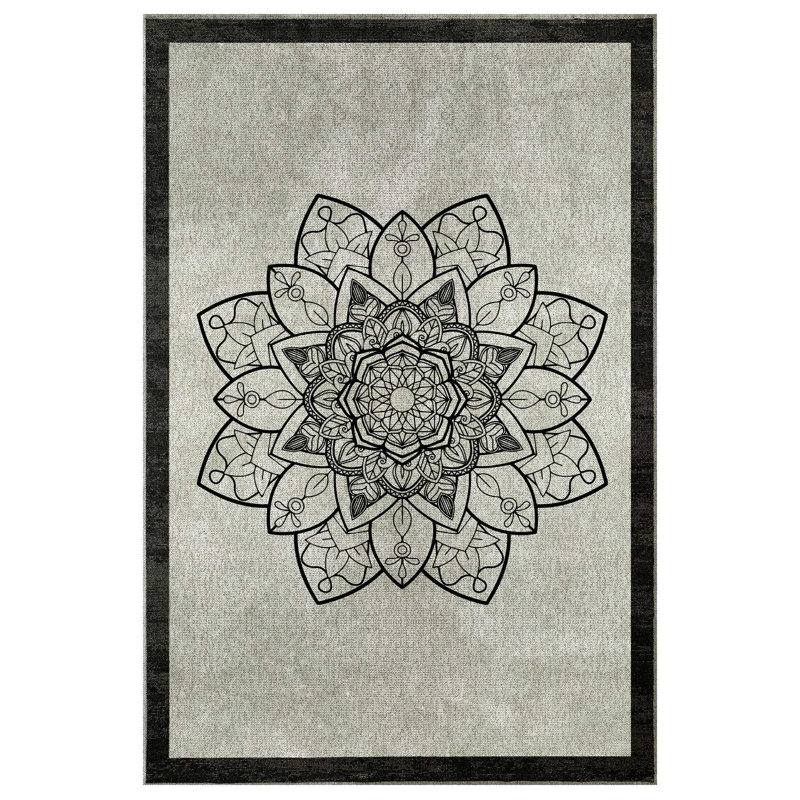 Qasida Collection Digital Print Cotton-Polyester Gray Black Moroccan Rug, Rectangle 5'3" x 8'3"