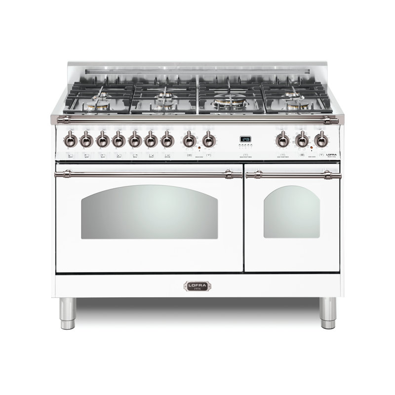 Cuisinière à double combustible de 48 pouces avec 7 brûleurs en laiton scellés Lofra Dolcevita Series (blanc, garniture chromée)